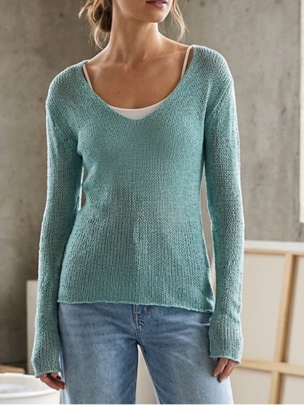Seductions Seafoam Green Open Knit V-Neck Sweater Size S